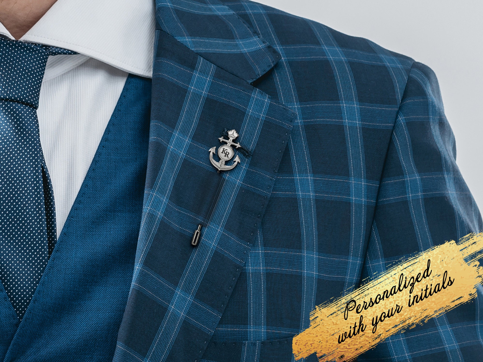 Nautical Lapel Pin, Initial Anchor Pin, Ocean Wedding Groom Pin, Sailor Custom Gift, Beach wedding tie pin, a gift for a nautical theme