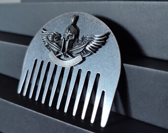 Personalized men's metal comb with spartan helmet, Viking beard comb Scandinavian gods, Personalized barber gift, Vintage gift with name