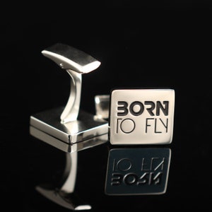 Born To Fly Square Cufflinks Silver Engraved Valentine&#39;s Day gift For Husband Personalized Freedom Silver Man Present on Holiday To Friend