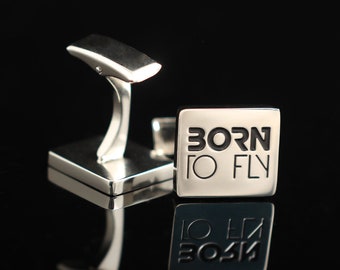 Born To Fly Square Cufflinks Silver Engraved Valentine's Day gift For Husband Personalized Freedom Silver Man Present on Holiday To Friend