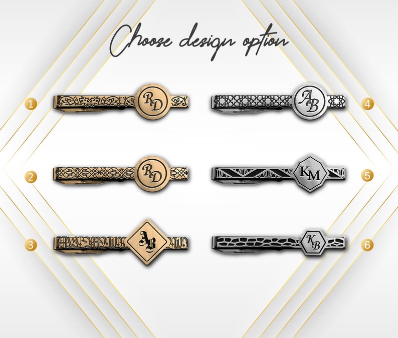 May include: Six different tie bar designs with various patterns and initials. The tie bars are gold and silver in color. Choose design option 1 through 6.