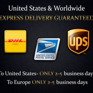 May include: Image of three shipping company logos: DHL Express, United States Postal Service, and UPS. Text reads: United States & Worldwide EXPRESS DELIVERY GUARANTEED. To United States- ONLY 2-5 business days. To Europe ONLY 2-5 business days.