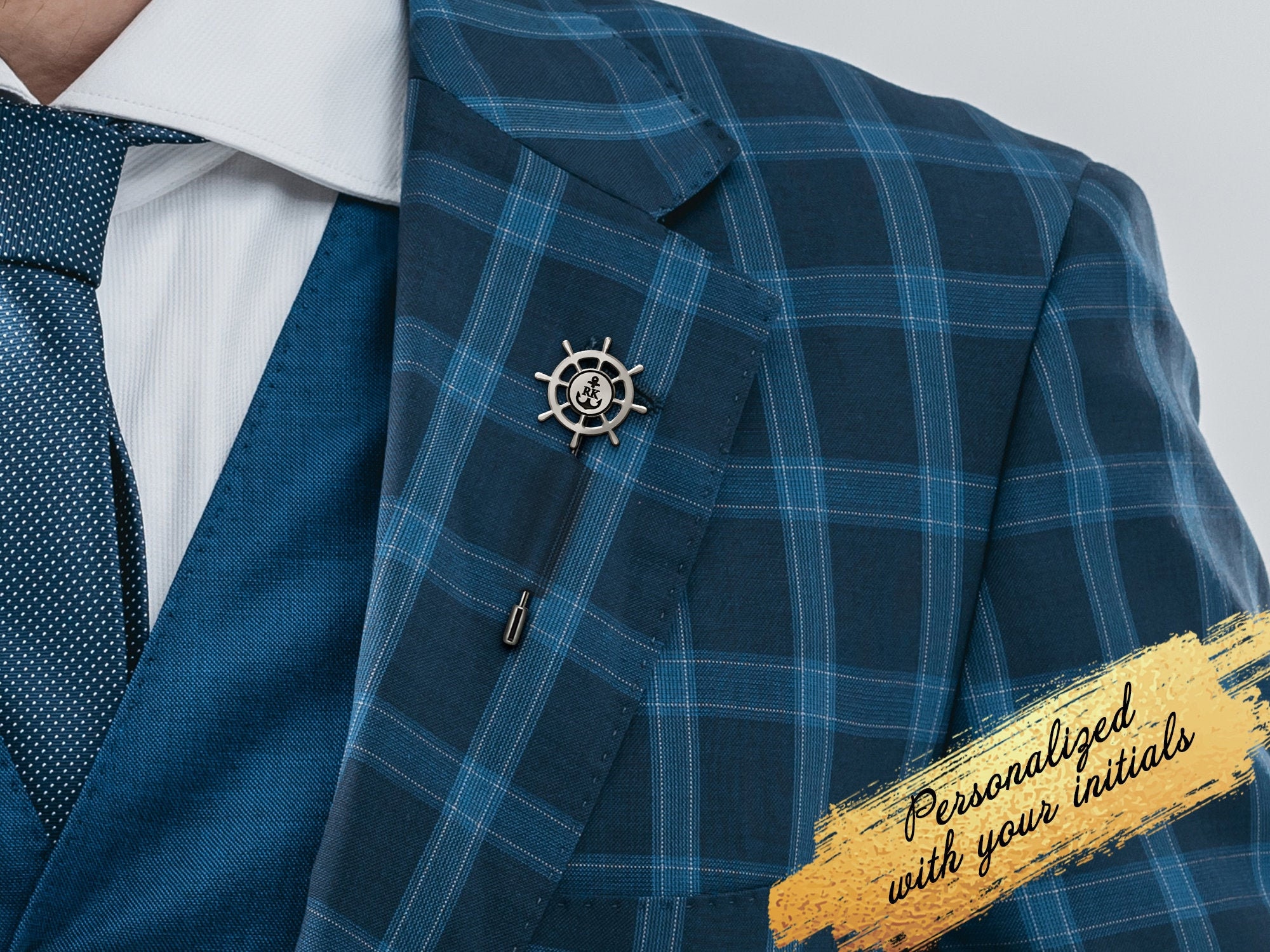 Nautical Lapel Pin, Initial Anchor Pin, Ocean Wedding Groom Pin, Sailor Custom Gift, Suit pins