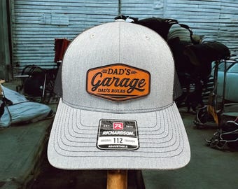 Dads Garage Leather Patch Trucker Cap - Laser Engraved Richardson 112