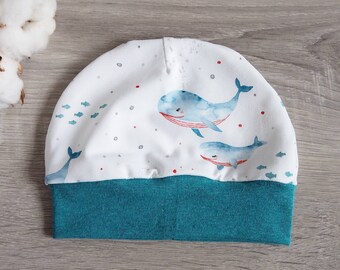 Mütze Baby Wale Watercolor petrol Kleinkind Kinder Junge Wal maritim Unterwasser Babywal Beanie Geburt Taufe
