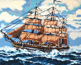 Ship with sails in a storm, handmade tapestry