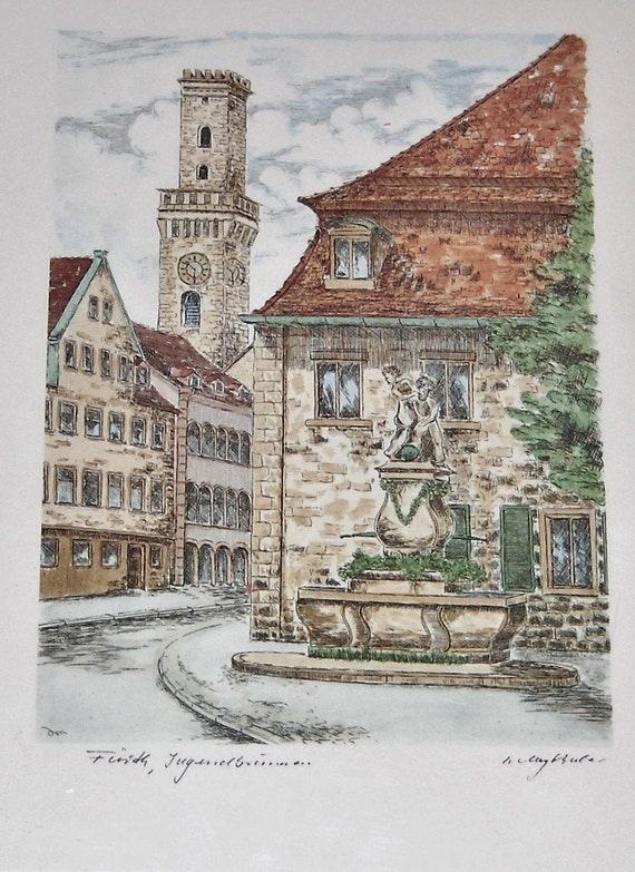 Pen drawing lithograph Fürth Jugendbrunnen Sieglinde Meythaler