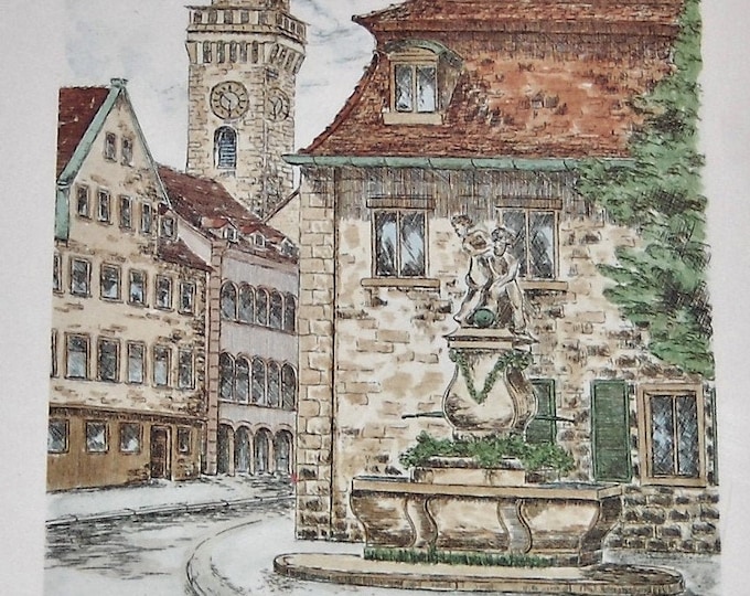 Pen drawing lithograph Fürth Jugendbrunnen Sieglinde Meythaler