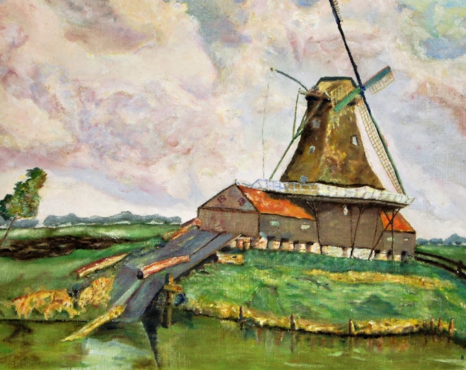 Windmill. Landscape painting in oil on canvas.