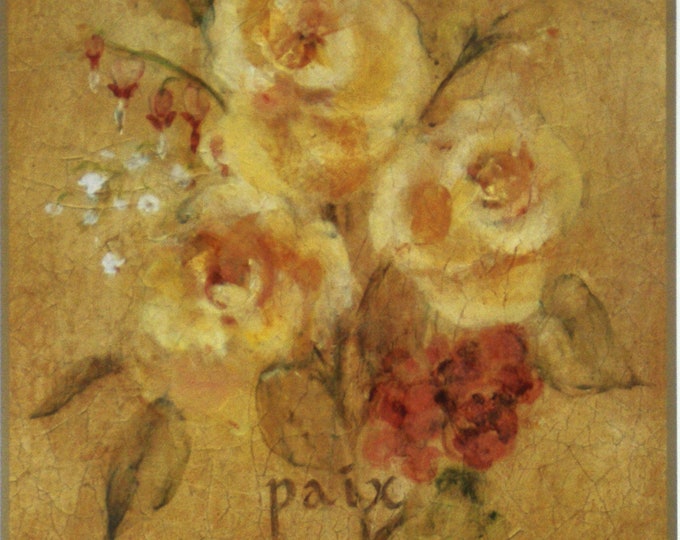 Paix flowers print on wooden board.