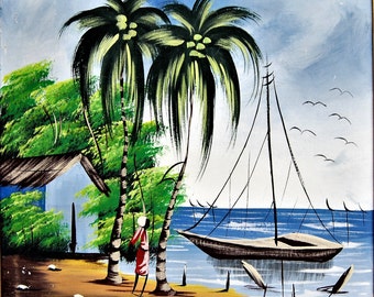Pesca in Africa, dipinto ad olio firmato