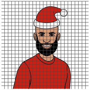 May include: Illustration of a person with a beard wearing a red Santa hat and a red sweater. The person has brown eyes and a smiling expression. The background is a grid pattern.