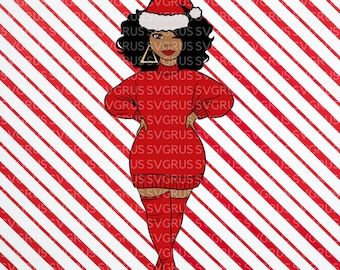 May include: A digital illustration of a woman wearing a red sweater dress, red boots, and a Santa hat. The background is a red and white candy cane stripe pattern.