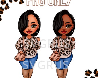 Curvy Girl Clipart, Black Woman png, Fashion Clipart, Leopard print png, African American, afro woman, sublimation, Sticker art, PNG ONLY