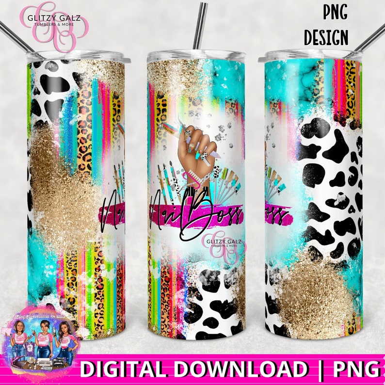 Nail Boss Tumbler/Digital Paper PNG Design | Leopard Cheetah Cow Print Gold Glitter Serape|Manicure Acrylic Nails File Tools Nail Polish Art 