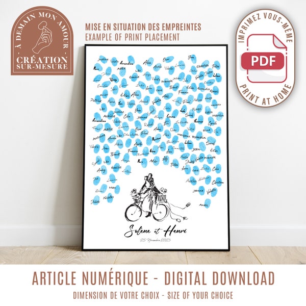 Tree with footprints - couple on bike - guest book customizable wedding anniversary poster (digital)