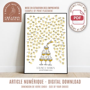 Árvore de impressão digital - taças de champanhe - pôster personalizado para livro de visitas de aniversário de casamento (digital)