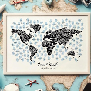 May include: A framed world map with a black and white sketch design. The map is surrounded by blue fingerprint-like shapes with names. The text "Anna & Maël 26 Juillet 2025" is at the bottom. Travel-themed decor.