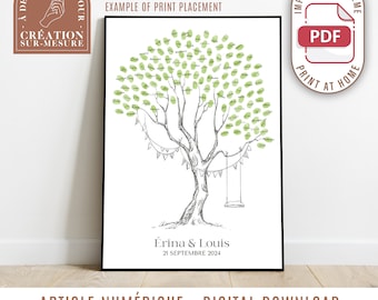 Arbre à empreintes - arbre avec balançoire et guirlande - livre d'or affiche personnalisable mariage anniversaire (numérique)