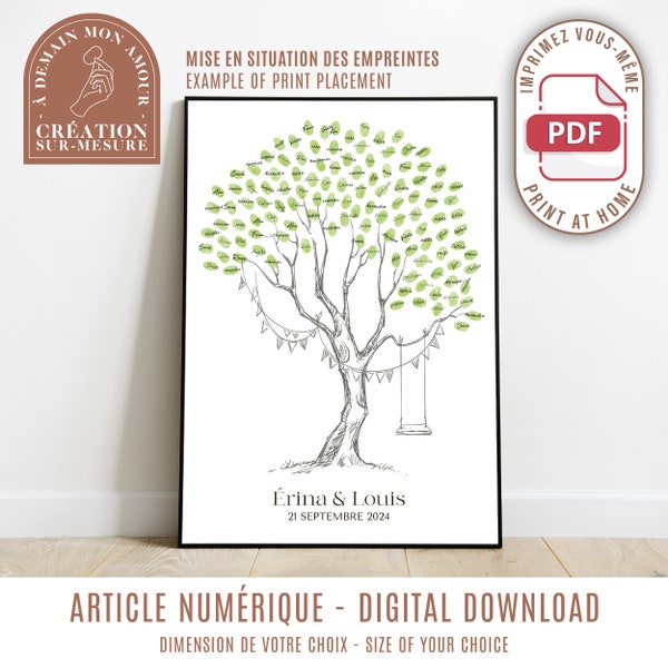 Arbre à empreintes - arbre avec balançoire et guirlande - livre d'or affiche personnalisable mariage anniversaire (numérique)