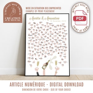 Fingerprint tree - hands with bottle of champagne - guest book customizable wedding anniversary poster (digital)