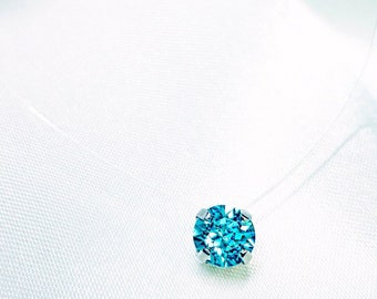 Collier invisible - Bleu Turquoise 8 mm Cristal Swarovski® Elements - Fil Nylon transparent - Illusion necklace - Argent 925 Plaqué Or
