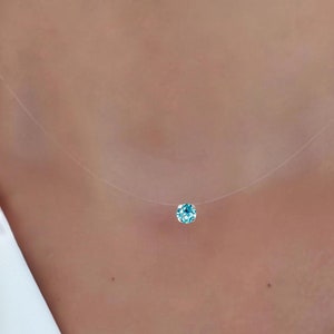 Invisible Necklace - Aquamarine - Austrian Crystal - 925 Silver Clasp - Small 6mm Solitaire Pendant - Nylon Thread - Shiny Blue Crystal