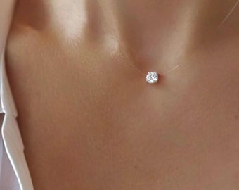 Collana girocollo invisibile | Piccolo ciondolo in cristallo Swarovski Elements da 6 mm | Argento sterling o placcato oro | Filo di nylon trasparente | Matrimonio