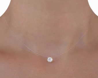 Transparente Halskette – 24 Karat vergoldeter Solitär kleiner Swarovski-Kristall 6 mm – transparenter Nylonfaden – Hochzeits-Halsband – Schlüsselbein