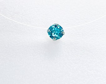 Collar Invisible Mini Cristal Swarovski® Elements Azul Aguamarina Colgante Solitario 4mm - Gargantilla Hilo Nylon Transparente Plata 925