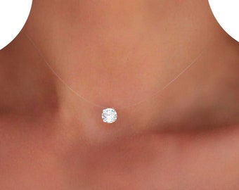 Swarovski® Elements Crystal - Invisible Necklace - Solitaire Large Pendant - 925 Silver - Transparent Nylon Thread - Choker Gift France