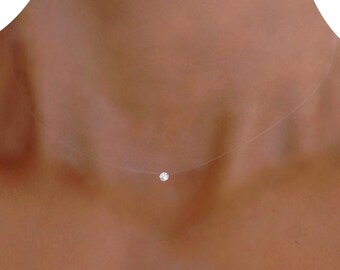 Collar invisible - Mini colgante solitario de cristal de Swarovski® Elements de 4 mm - Plata 925 - Gargantilla de hilo de nailon transparente - pequeño