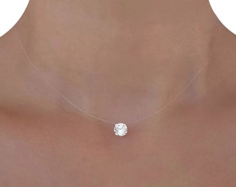 Collier minimaliste | Cristal Swarovski® Éléments | Solitaire 8 mm | Argent 925 ou Plaqué Or l Fil de Nylon transparent Ras de cou | Mariage