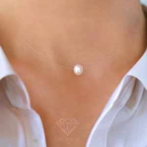 Invisible Necklace - Small Irregular Natural Pearl Pendant - 925 Silver Finish - Solitaire Transparent Nylon Thread Choker