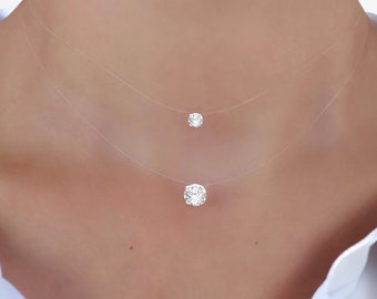 Swarovski® Elements Crystal - Invisible Necklace - Solitaire 6mm or 8mm Floating Pendant 925 Silver Finish - Transparent Nylon Choker