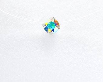 Invisible necklace - Mini Swarovski® Elements crystal 4mm AB iridescent Pendant - 925 silver - Gold - Transparent nylon thread Choker - small