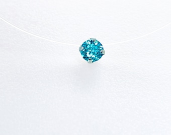 Invisible Necklace - Mini Swarovski® Elements Crystal 4mm Blue Solitaire Pendant - 925 Silver - Gold - Transparent Nylon Thread Choker small