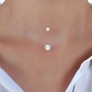 Swarovski® Elements Crystal - Invisible Necklace - Solitaire 6mm or 8mm Floating Pendant 925 Silver Finish - Transparent Nylon Choker