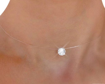 Invisible Choker Necklace - Swarovski® Elements Crystal - Solitaire Large Pendant - 925 Silver Transparent Nylon Thread - Wedding Bride