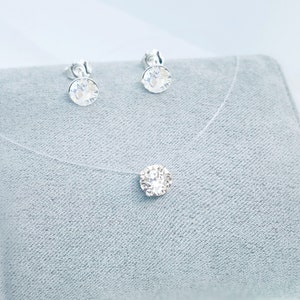 Piccolo Solitario Set 6mm - Collana e Orecchini in Cristalli Austriaci - Argento 925 - Filo di Nylon - Girocollo - Regalo da Donna