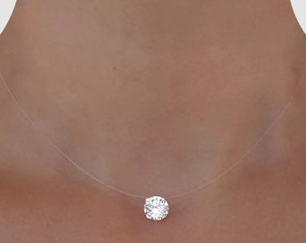 Invisible Necklace - Large Swarovski® Crystal Solitaire - 8mm Rhinestone Pendant - 925 Silver - France - Transparent Nylon Thread - Choker