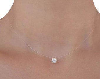 Collier transparent - plaqué Or 24k Solitaire Grand Cristal Swarovski 8mm - Fil de Nylon transparent - Ras de cou mariage - de la clavicule