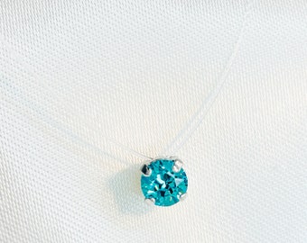 Collier transparent - Argent 925 - Petit Pendentif Solitaire Cristal de Swarovski® Elements (4 griffes) 6 mm Turquoise - Ras de cou - Bleu