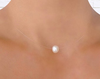 Invisible necklace - Irregular natural pearl pendant - 925 Silver finish - Solitaire Transparent Nylon thread Choker