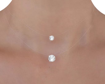 Invisible necklace - 925 Silver Finish - Solitaire (4 claws) in Swarovski Crystal 6 mm or 8 mm - transparent Nylon thread - Choker