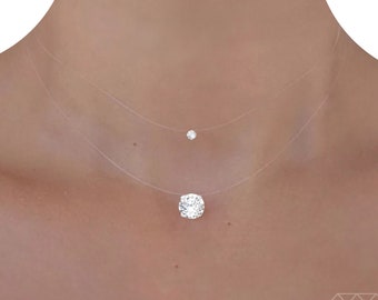 Swarovski® Elements-Kristall – Unsichtbare Halskette – Solitär 4 mm oder 8 mm. Kleiner / großer Anhänger – Transparentes Nylon – 925er Silber – Halsband