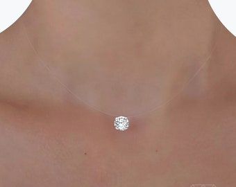 Crystal Swarovski® Elements - Transparent Necklace - Solitaire Large Pendant - Silver 925 - Nylon thread Ras de cou floating - Gift France