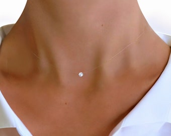 Collar invisible - Mini colgante solitario de cristal de Swarovski® Elements de 4 mm - Plata 925 - Gargantilla de hilo de nailon transparente - pequeño