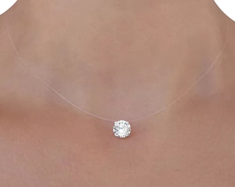 Collar Solitario Invisible - Colgante de Cristal Swarovski® Elements - Acabado Plata 925 - Hilo de Nylon Transparente - Personalizable