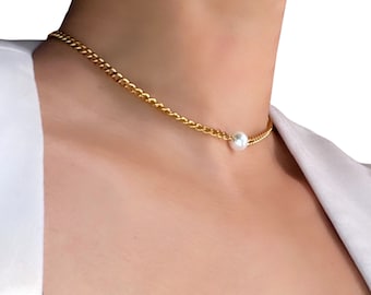 Collier plaqué Or 18k - Perle Cristal Swarovski Elements - Solitaire- Acier inoxydable Grosse maille - Chaîne Ras de cou Doré  Minimaliste